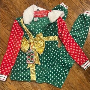 Secret Treasures Festive Christmas Present “from SANTA” Green &Red Pajama onesie